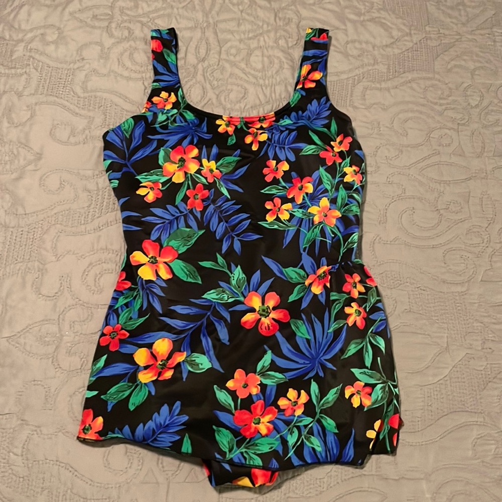 Vintage Le Cove 16W 36 Black Tropical Floral Print One Piece